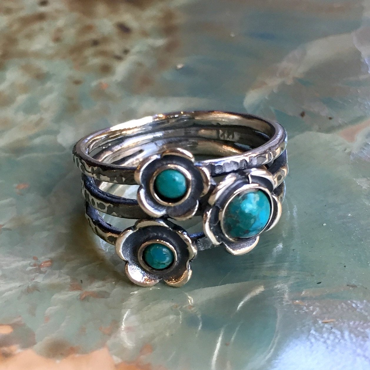 Turquoises ring, mothers ring, family ring, three birthstones ring, Gemstones ring, sterling silver ring, stacking rings - Guess R1686-5
