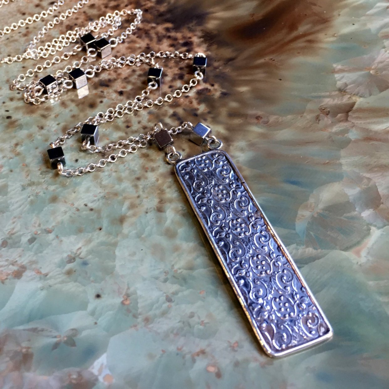 Silver Necklace, Silver Filigree pendant, Woodland Necklace, pyrite silver necklace, rectangle Pendant, long chain - Our Finest Days N2040