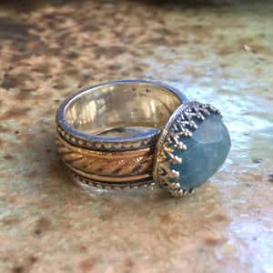 Silver gold ring, Milky aquamarine ring, wedding band, gypsy ring, spinner meditation ring, twotone gold filigree ring - Into The Mist R2409