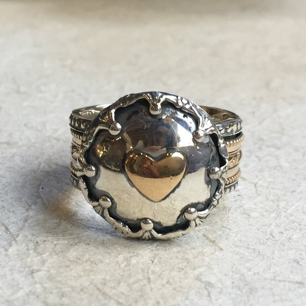 Spinner ring, heart ring, meditation ring, two tone, crown filigree ring, Silver gold ring, wedding band, Valentine ring - Royal heart R2410