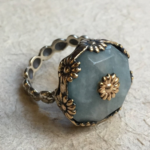 Aquamarine floral silver cocktail ring