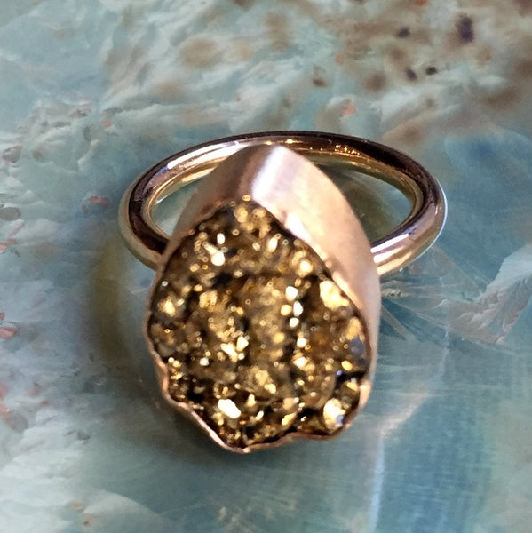 Golden druzy ring, Gold filled ring, boho ring, Pyrite ring, stone ring, shiny gold band, high stone ring, engagement - The Better Way R2416