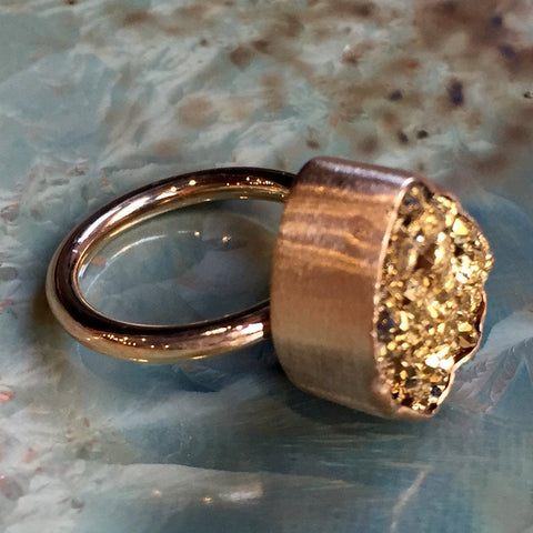 Golden druzy ring, Gold filled ring, boho ring, Pyrite ring, stone ring, shiny gold band, high stone ring, engagement - The Better Way R2416