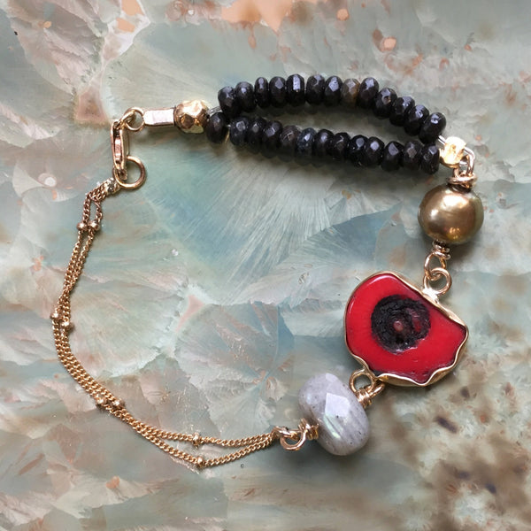 Gold filled bracelet, Gemstones Bracelet, OOAK, chains bracelet, red coral bracelet, onyx labradorite pearl bracelet - A pretty one B3016