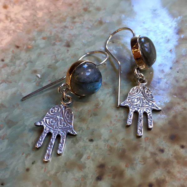 Labradorite earrings, hamsa hand stone earrings, Silver gold earrings, drop earrings, hand of fatima dangle earrings - Night is over E8054