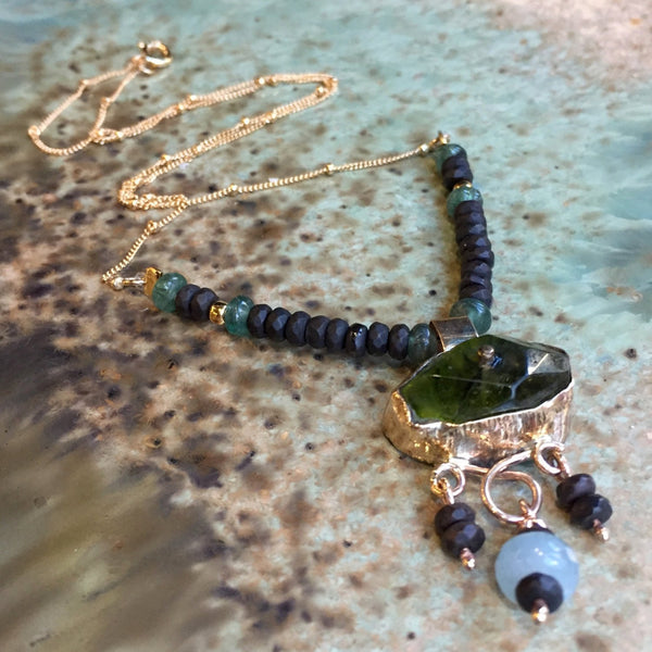 Green quartz necklace, gold filled necklace, gemstones pendant, beaded necklace, onyx necklace, gypsy necklace - Green eyes N2042