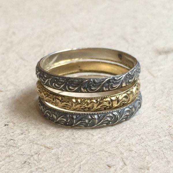 Three bands set, stacking bands trio, boho bands, Thin bands, Silver and brass bands, simple bands, stacking ring set of 3 - XOX R2381T