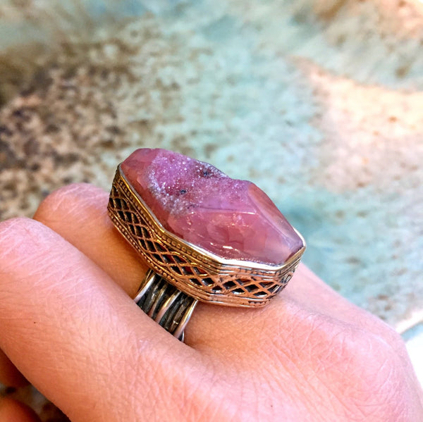 Raw cherry quartz ring, engagement ring, Silver gold ring, OOAK, two tone ring, large ring, high ring, wire wrap - Love calls you R2423