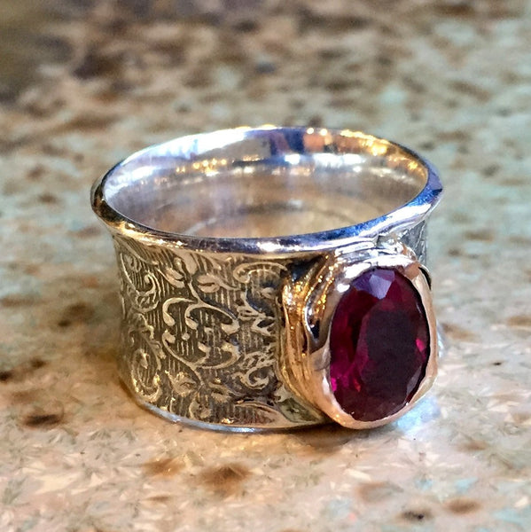 Pink tourmaline ring, Silver gold ring, gypsy ring, Wide Silver band, boho ring, gemstone ring, vine unique ring -  Lost in legend R2424