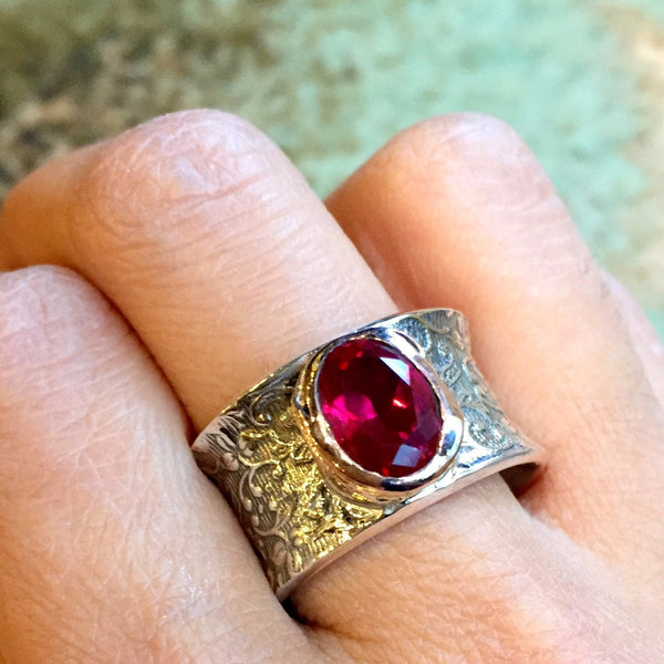 Pink tourmaline ring, Silver gold ring, gypsy ring, Wide Silver band, boho ring, gemstone ring, vine unique ring -  Lost in legend R2424