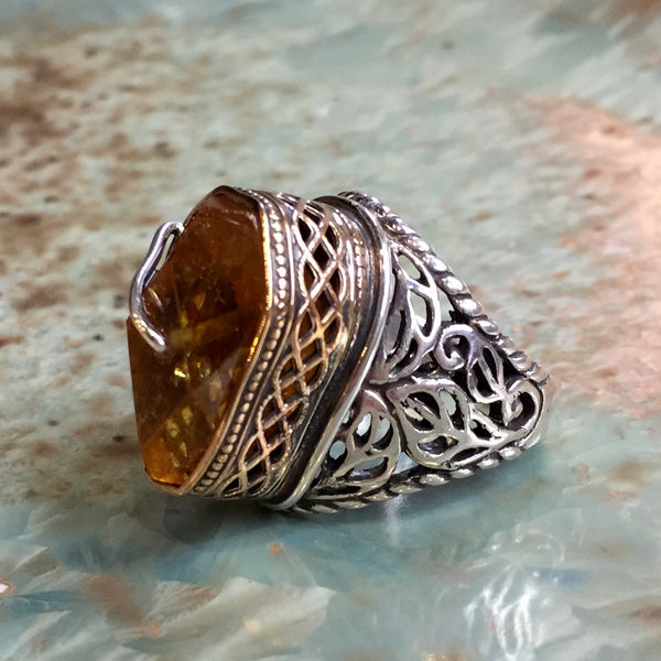 OOAK ring, Yellow quartz ring, organic ring, boho ring, hippie ring, cocktail ring, silver gold ring, two tones ring - Lady Midnight R2430