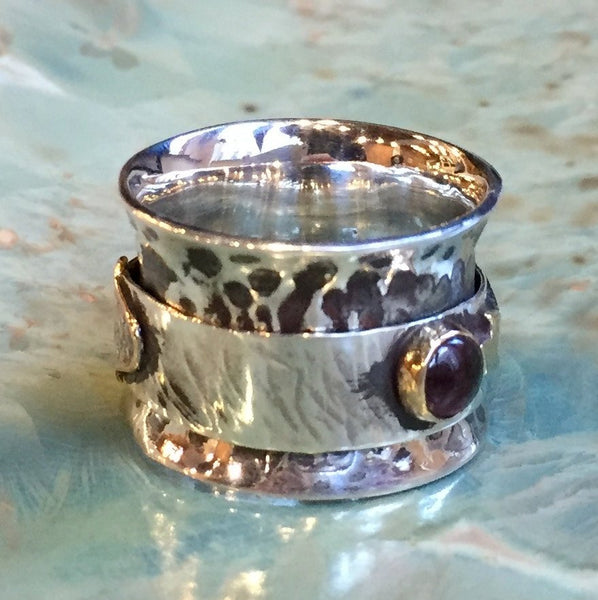 Spinner ring, hand silver gold band, bird ring, Two tones ring, wide silver band, hamsa ring, garnet  turquoise - Bird in my heart R2433