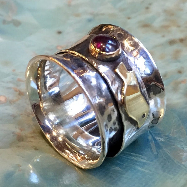 Sterling silver gold band, spinner ring, hand bird ring, Two tones ring, wide band, hamsa ring, garnet  turquoise - Bird in my heart R2433