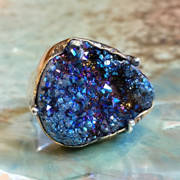 Purple druzy ring, Gold silver ring, One of a kind jewelry, sterling silver ring, gemstone ring, hammered silver band - Beside her  R2436