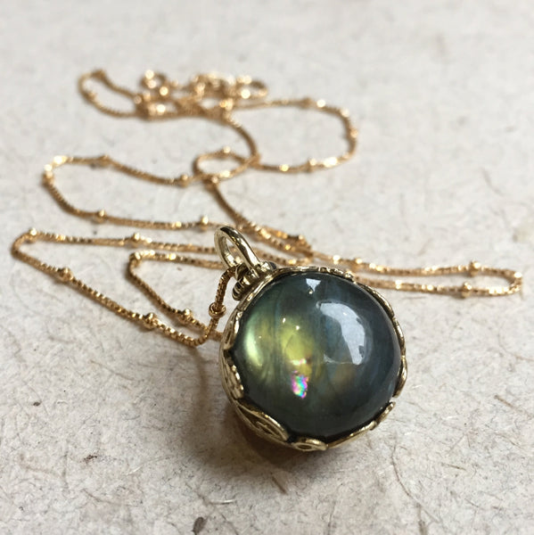 Garnet pendant, Labradorite Golden brass necklace, birthstones pendant, two sides pendant, floral energy ball, boho - Neverland NK2000-3