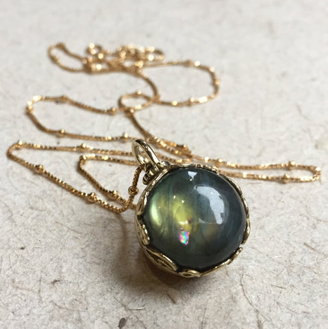 Labradorite garnet pendant, Golden brass necklace, birthstones pendant, two sides pendant, floral energy ball, boho - Neverland NK2000-3