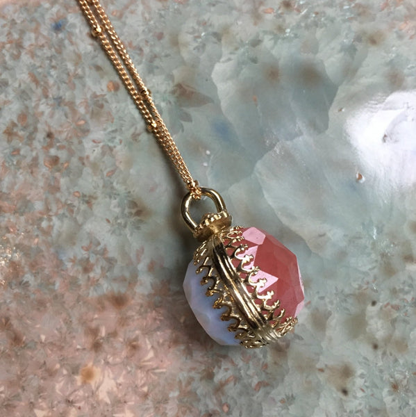 Birthstones pendant, Golden brass necklace, Opalite and cherry quartz necklace, Double sided pendant, floral pendant -  Be Loved NK2006-5