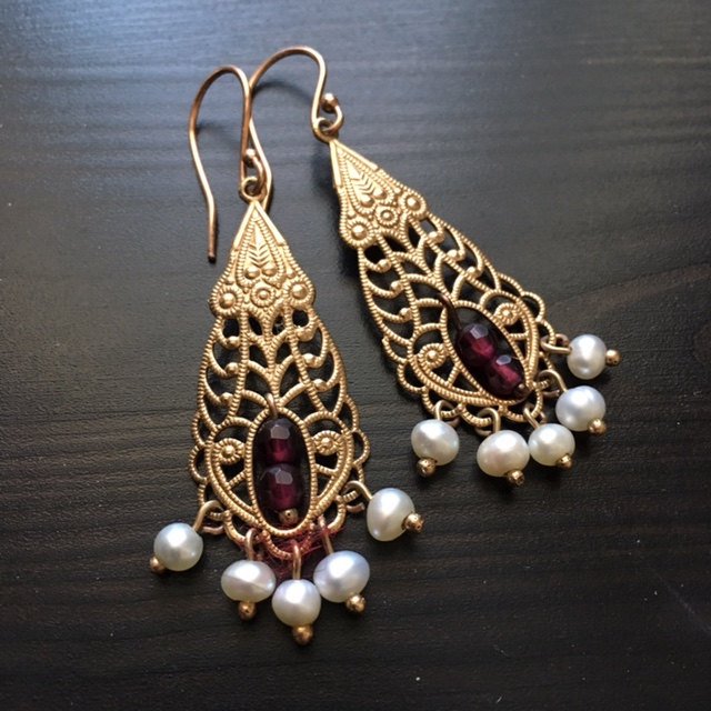 Solid Rose gold Earrings, Garnet earrings, chandelier gold earrings, bridal earrings, fresh water pearl earrings, boho - The temple EG0795