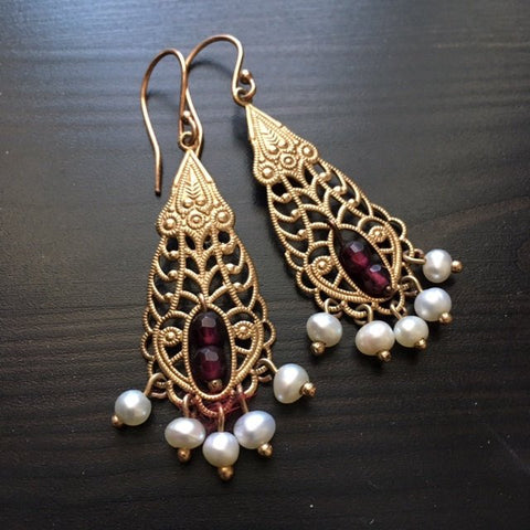 Solid Rose gold Earrings, Garnet earrings, chandelier gold earrings, bridal earrings, fresh water pearl earrings, boho - The temple EG0795