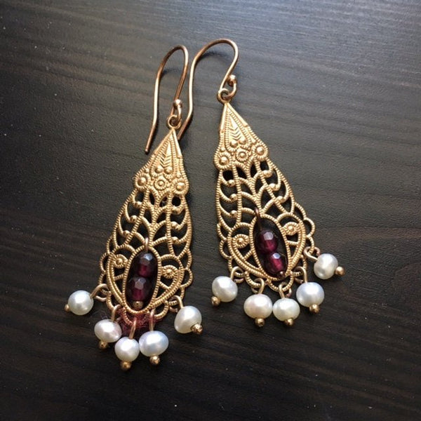 Solid Rose gold Earrings, Garnet earrings, chandelier gold earrings, bridal earrings, fresh water pearl earrings, boho - The temple EG0795