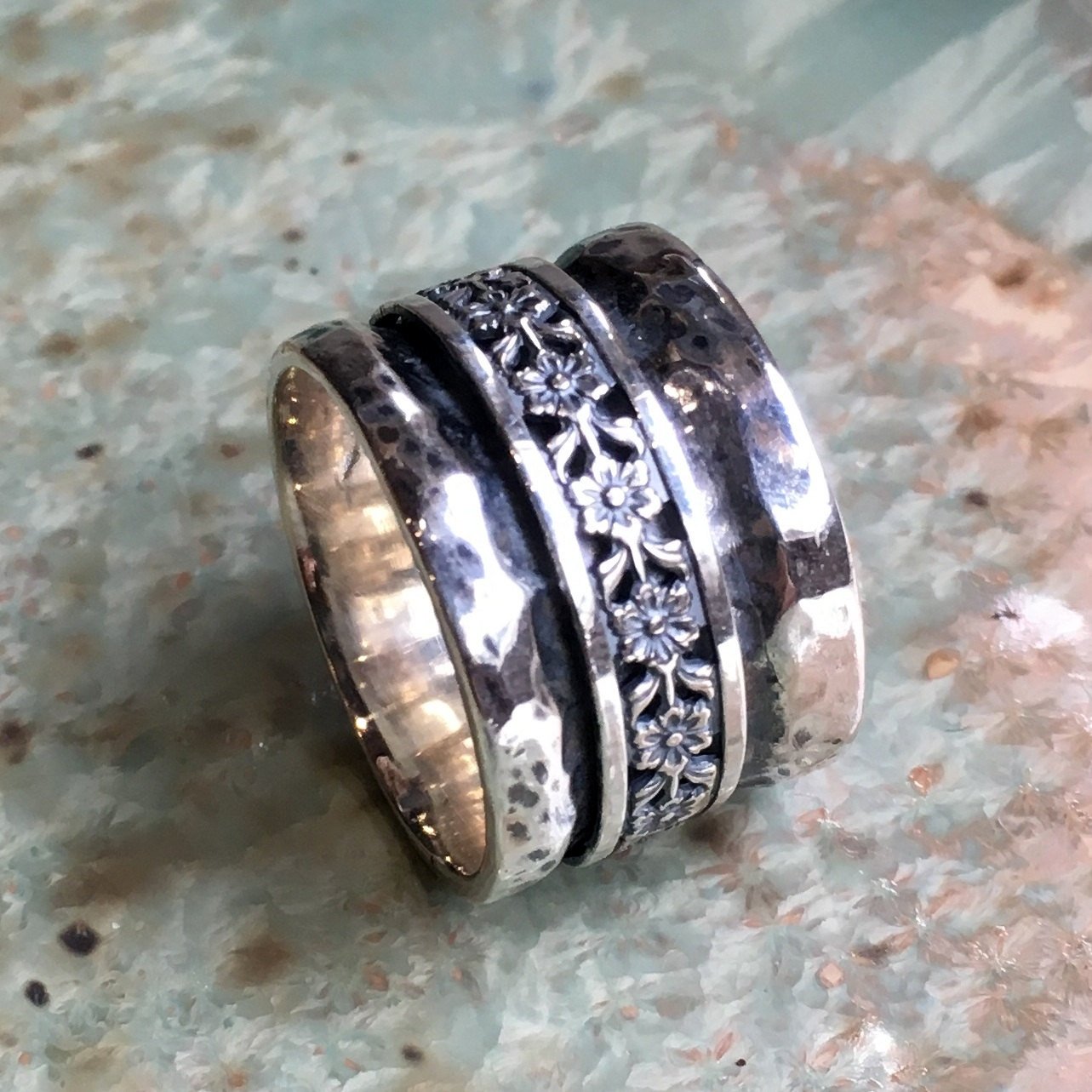 Silver floral band, rustic silver band, Wedding ring, Meditation spinner ring, thumb ring, wedding band, rustic ring - Walk on spring R2443
