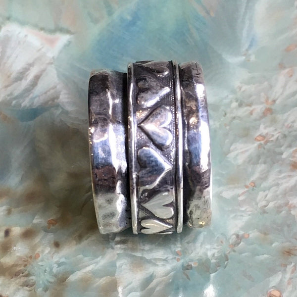Silver hearts ring, Meditation spinner ring, thumb ring, wedding band, rustic ring, rustic silver band, promise ring - Heartbreaker R2444