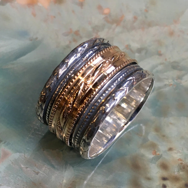 Sterling silver Band, meditation band, spinner ring, silver ring, meditation ring, textured ring, wedding band - True Friendship R2449