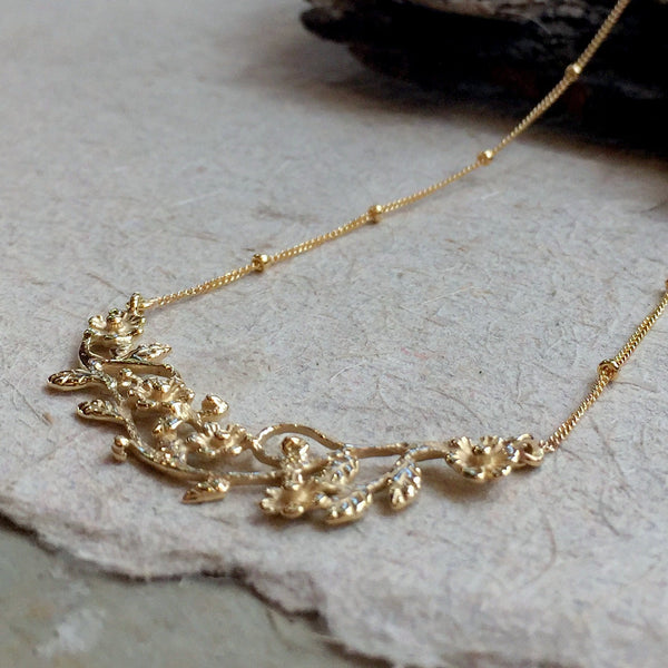 Flowers necklace, botanical pendant, Bridal necklace, unique solid gold necklace, floral pendant, botanical necklace - Boundless love NG2010