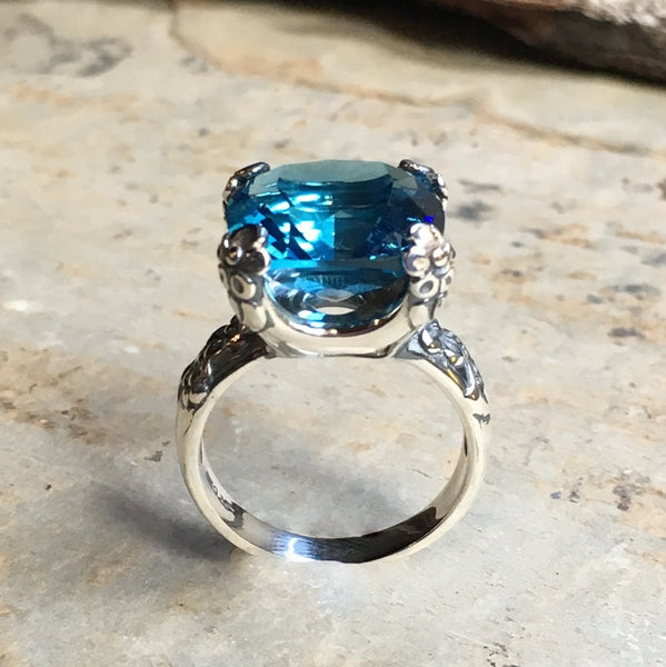Blue quartz ring, Floral Silver Ring, Statement ring, large stone ring, alternative engagement ring, high ring - Hello spring R2272-5