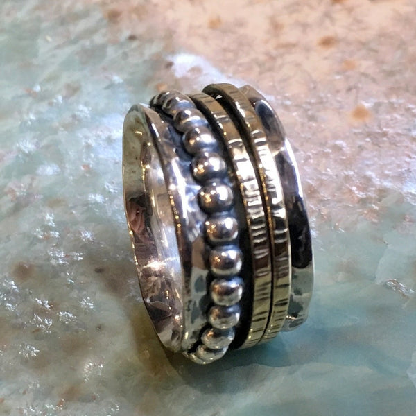 Wedding band, Sterling silver Brass ring, spinners ring, wide silver band, meditation ring, fidget ring, simple band - Simply us R2450