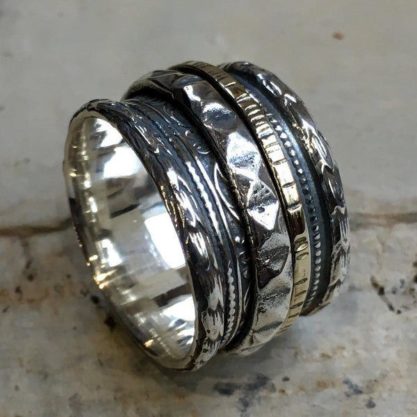 Silver wedding ring, wide band, silver brass ring, spinners ring, Twotone ring, floral band, gypsy ring, unisex band- We believe R2451
