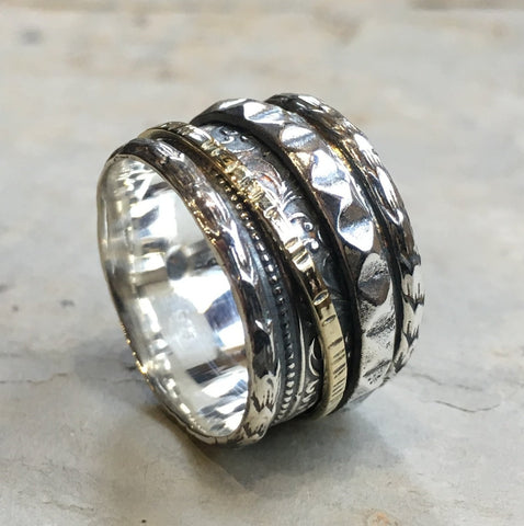 Silver wedding ring, wide band, silver brass ring, spinners ring, Twotone ring, floral band, gypsy ring, unisex band- We believe R2451