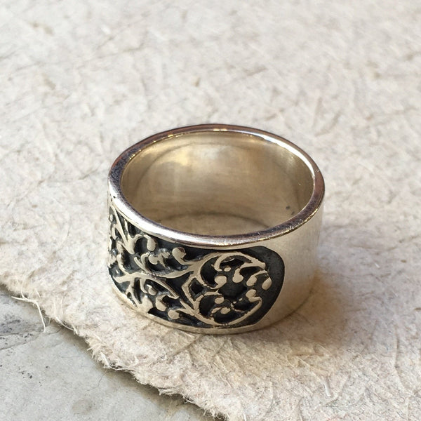 Sterling Silver band,  Filigree Band, wedding band, statement ring, art nouveau ring, unisex band, wide silver band, oxidized - Karma R1146S