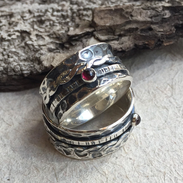 Engagement wedding bands, Sterling silver ring, red garnet ring, gemstone ring,spinners ring, wide silver band - Just the two of us R2130-1