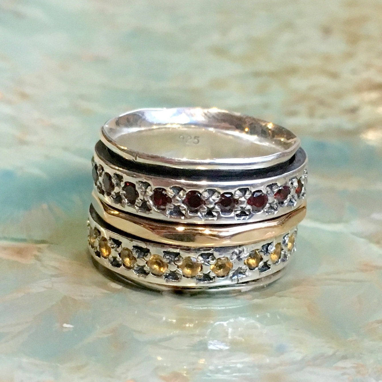 Spinner ring, Garnet citrine ring, Meditation Ring, silver gold ring, mothers ring, wide silver ring, family ring - Love street R2457