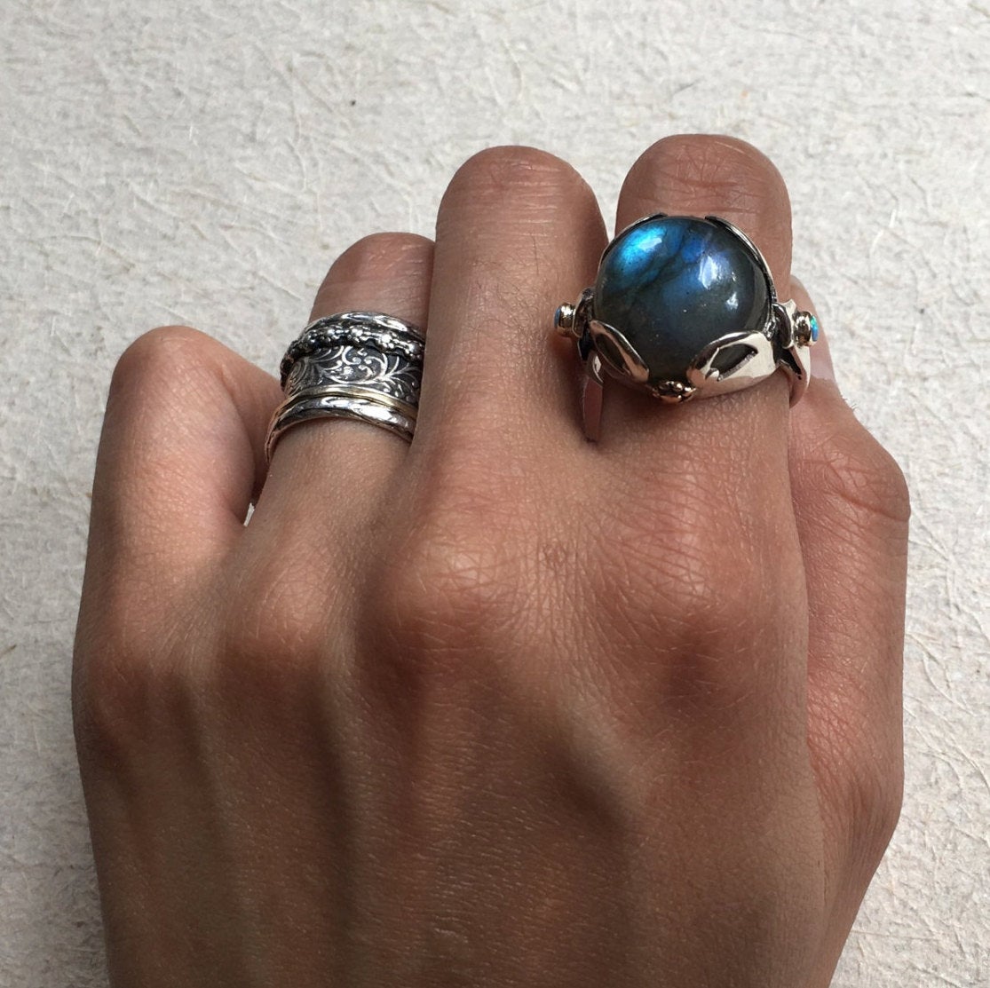 Labradorite ring, Silver Gold Ring, Gemstone ring, boho chic ring, bohemian ring, gypsy ring, statement cocktail ring - Bright love R2362