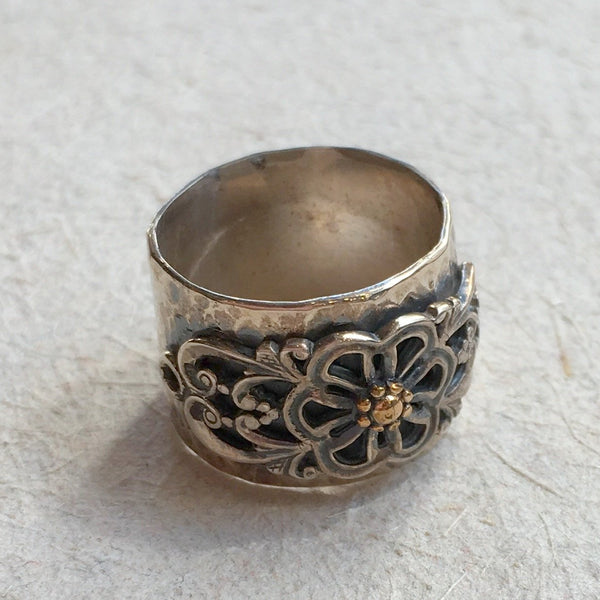 Bohemian ring, floral ring, flowers ring, simple band, Sterling silver gold band, wide band, floral band, boho ring - A special day R2385