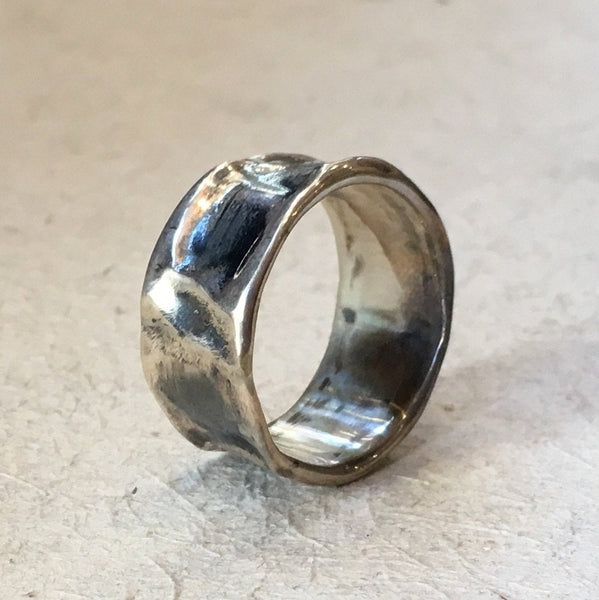 Wide Ring, Sterling silver ring, wedding band, Rustic ring, unisex band, wedding ring, oxidized silver hammered ring - Shine on me R2386
