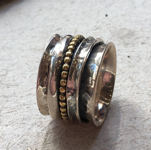 Spinner ring, Sterling silver Brass band, stacking band, meditation ring, wide ring, wedding band, unisex band, twotone - Finding us R2388
