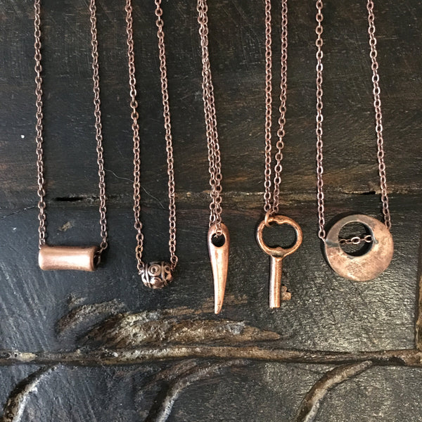Layered charm Necklace, Minimalist necklace, dainty pendant, thin necklace, Copper necklace, Gift for her, key, bead, bar, tube - AFN100 1-5