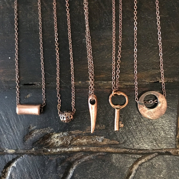 Thin necklace, Copper charm necklace, Layered Necklace, Minimalist necklace, dainty pendant, Gift for her, key, bead, bar, tube - AFN100 1-5