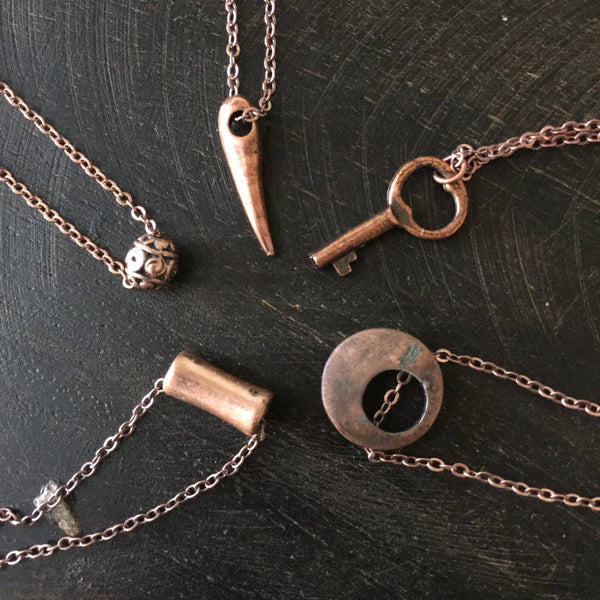 Layered charm Necklace, Minimalist necklace, dainty pendant, thin necklace, Copper necklace, Gift for her, key, bead, bar, tube - AFN100 1-5