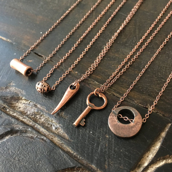 Thin necklace, Copper charm necklace, Layered Necklace, Minimalist necklace, dainty pendant, Gift for her, key, bead, bar, tube - AFN100 1-5