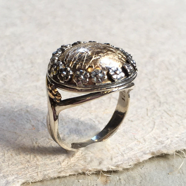 Two tones ring, Silver gold ring, Flowers ring, Engagement ring, cocktail ring, gypsy ring, unique ring for her, simple - Golden sun R2391