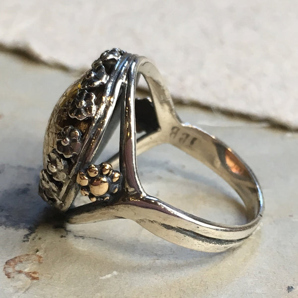 Two tones ring, Silver gold ring, Flowers ring, Engagement ring, cocktail ring, gypsy ring, unique ring for her, simple - Golden sun R2391