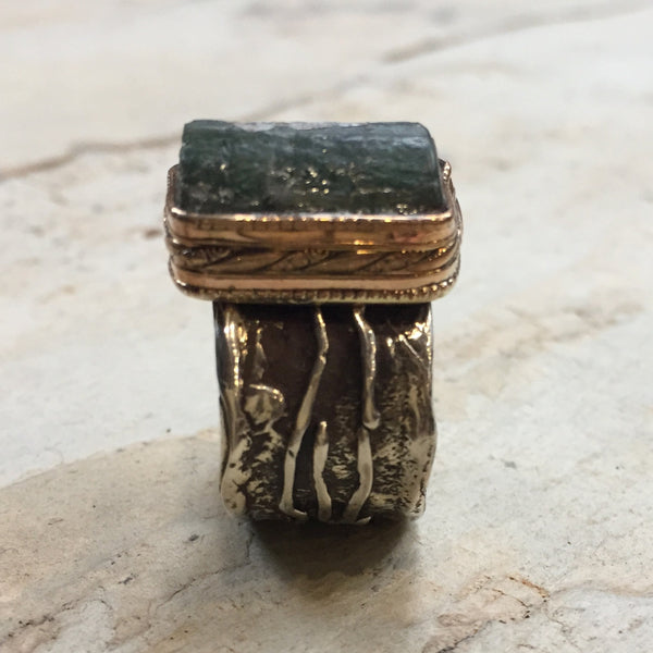 OOAK Organic ring, sterling Silver gold Band, wide silver band, olive green tourmaline ring, oxidized ring, one of a kind - Valley R2396