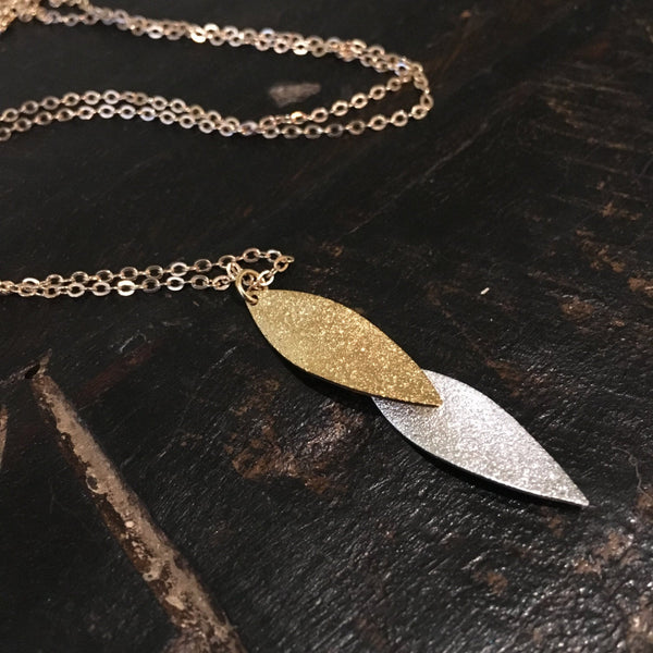Minimalist gold silver necklace, Layering Necklace, two tone necklace, simple necklace, Gift for her, long leaf pendant, boho chic - AFN 108