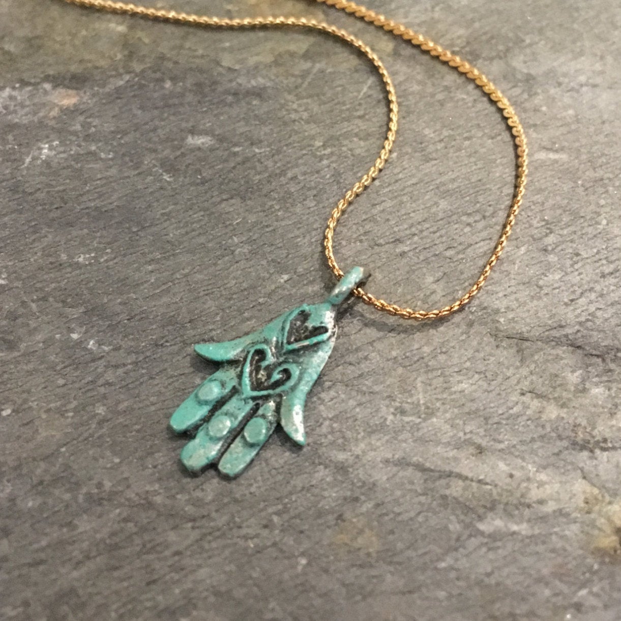 Verdigris patina Hamsa hand necklace, Layering Necklace, hamsa pendant, Minimalist necklace, gold chain, symbol pendant, two tones - AFN 113