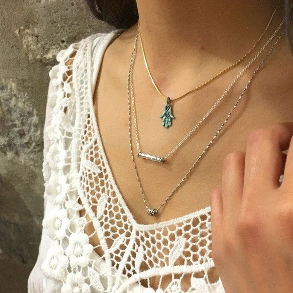 Verdigris patina Hamsa hand necklace, Layering Necklace, hamsa pendant, Minimalist necklace, gold chain, symbol pendant, two tones - AFN 113