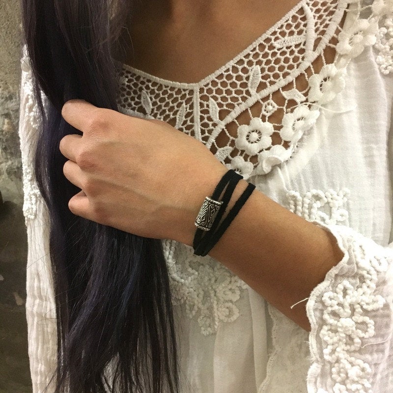 Wrap bracelet, Adjustable Minimalist bracelet, silver tube bracelet, black suede bracelet, Layering Necklace, Choker necklace - AFN 115